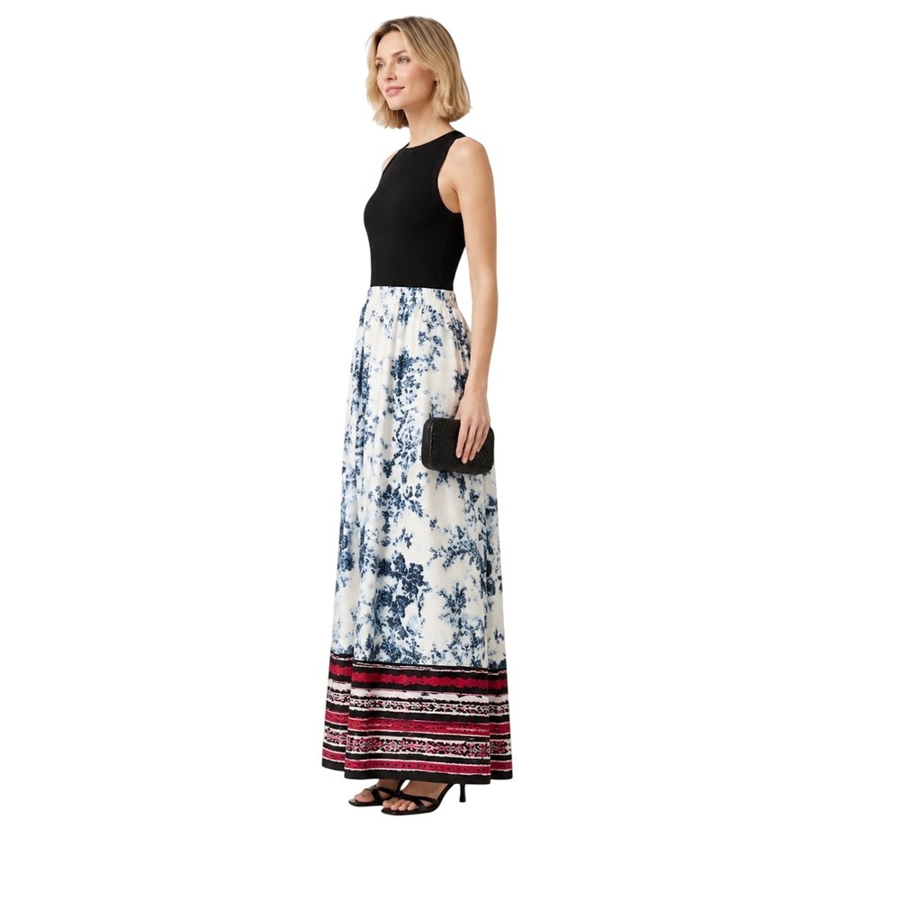 ATSU Anthropologie Maxi Dress 4P Petite Floral Mixed Media Beaded Neck